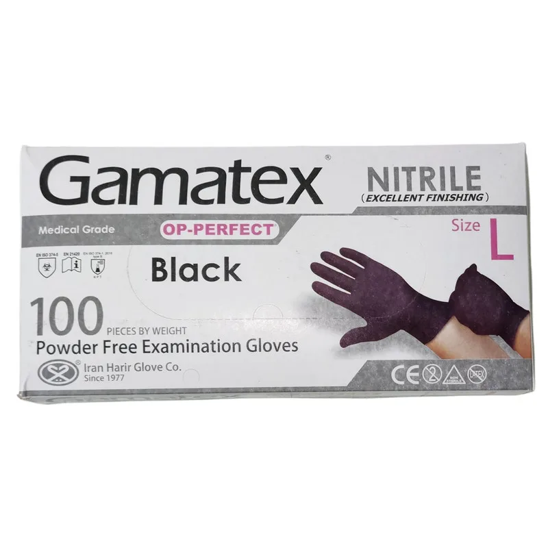 دستکش نیتریل غیر پودری حریر مدل GAMATEX سایز بزرگ (L) بسته 100 عددی